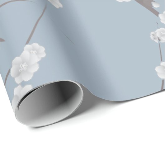 Modern White Blue Cherries Blossom Floral Pattern Cadeaupapier (Rol Hoek)