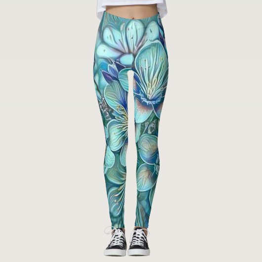 Modern White Blue Cherry Blossom Waterverf Leggings (Voorkant)