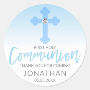 Modern White Blue Cross COMMUNION Boy Dank je Ronde Sticker