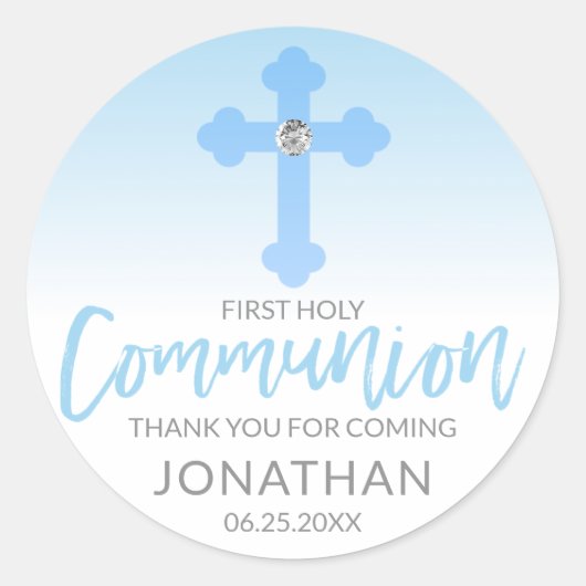 Modern White Blue Cross COMMUNION Boy Dank je Ronde Sticker (Voorkant)