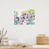 Modern White Blue Roze Cherry Blossom Waterverf Poster (Keuken)
