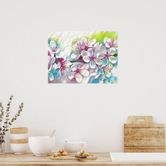 Modern White Blue Roze Cherry Blossom Waterverf Poster (Keuken)