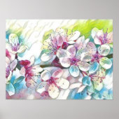 Modern White Blue Roze Cherry Blossom Waterverf Poster (Voorkant)