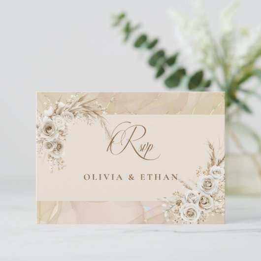Modern White Boho Floral Arch Wedding RSVP Card (Staand voorkant)