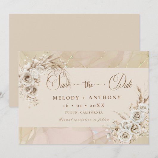 Modern White Boho Floral Wedding Save The Date Car (Voorkant / Achterkant)