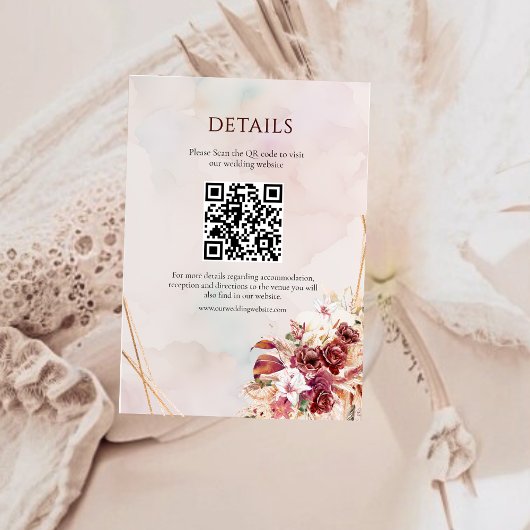 Modern White Burgundy Flowers QR Code Details Informatiekaartje