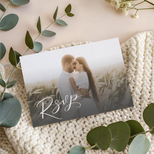 Modern White Calligraphy & Photo RSVP Kaartje