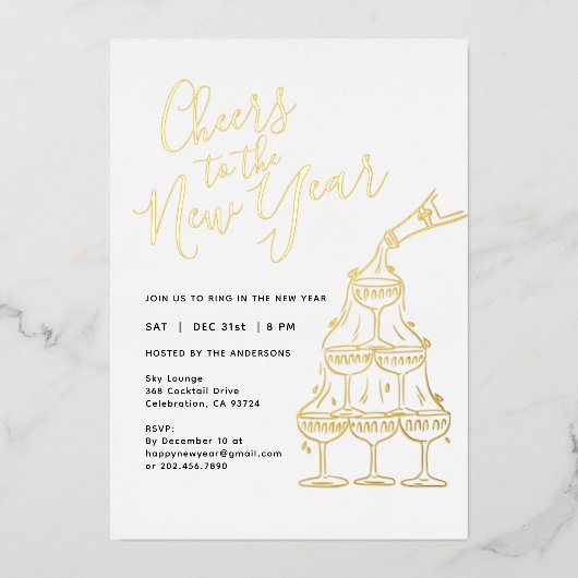 Modern White Cheers to the New Year Party Folie Uitnodiging (Voorkant)