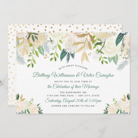 Modern White Cream Floral Greenery Wedding Kaart (Voorkant / Achterkant)