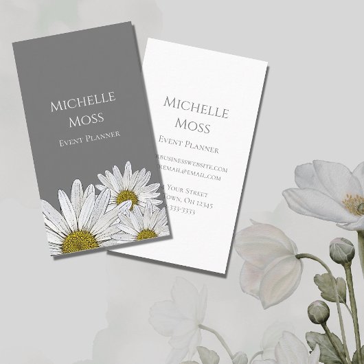 Modern White Daisies Trendy Floral Grey Visitekaartje