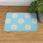 Modern White Daisy Pattern Aqua Blue Bath Mat