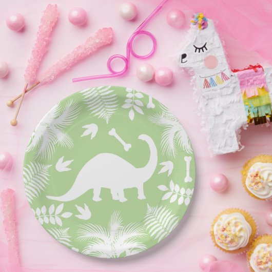 Modern White Dinosaur Bronto Silhouette & Foliage Papieren Bordje (Feest)
