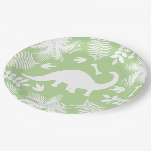 Modern White Dinosaur Bronto Silhouette & Foliage Papieren Bordje (Gekanteld)