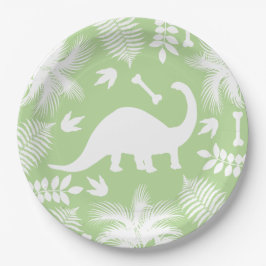 Modern White Dinosaur Bronto Silhouette & Foliage Papieren Bordje