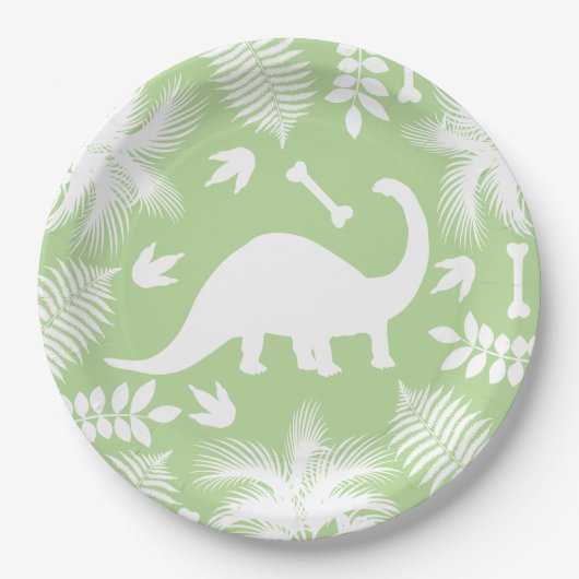 Modern White Dinosaur Bronto Silhouette & Foliage Papieren Bordje (Voorkant)
