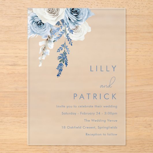 Modern White & Dusty Blue Wedding Acryl Uitnodigingen (Voorkant)