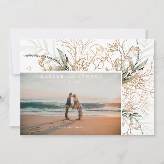 Modern White Elegant Boho Sage Eucalyptus Foto Save The Date (Voorkant)