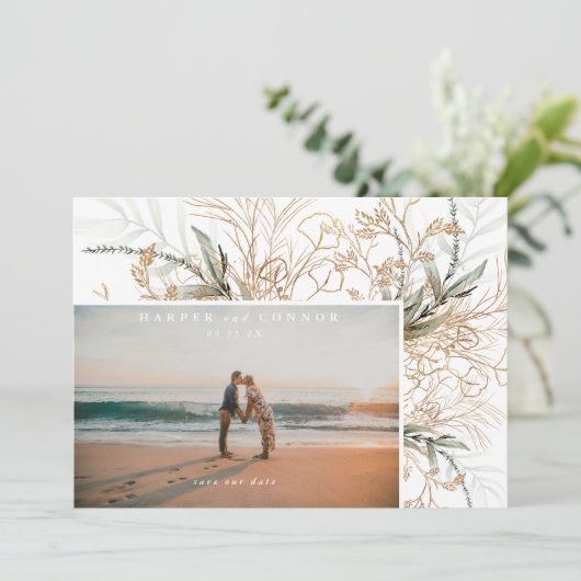 Modern White Elegant Boho Sage Eucalyptus Foto Save The Date (Staand voorkant)