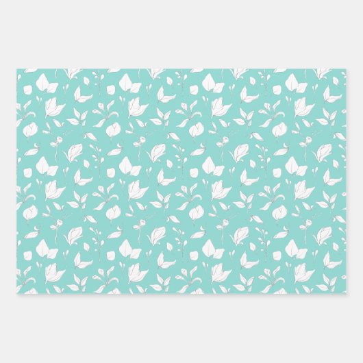 Modern White en Aqua Flowers en Leaves Inpakpapier Vel (Voorkant 3)