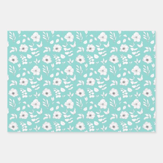 Modern White en Aqua Flowers en Leaves Inpakpapier Vel (Voorkant 2)