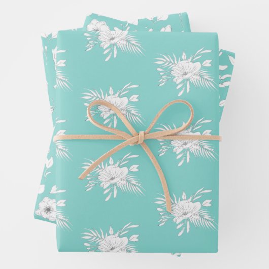 Modern White en Aqua Flowers en Leaves Inpakpapier Vel (In situ)