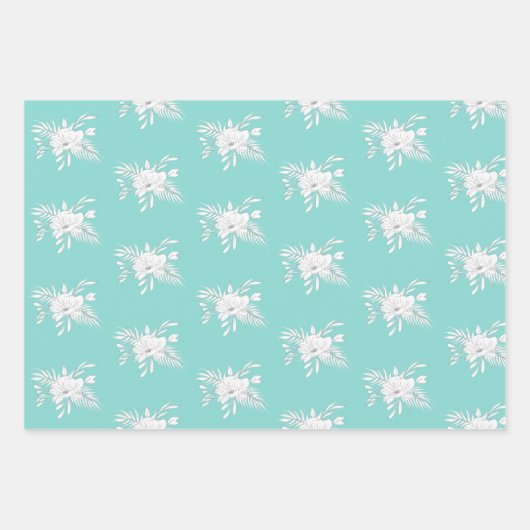 Modern White en Aqua Flowers en Leaves Inpakpapier Vel (Voorkant)