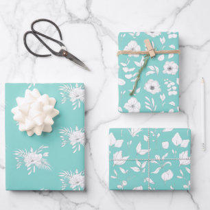 Modern White en Aqua Flowers en Leaves Inpakpapier Vel