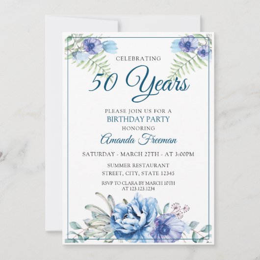 Modern White en Blue Floral Birthday Kaart (Voorkant)