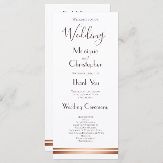 Modern White en Copper Wedding Programme Programmakaart (Voorkant / Achterkant)