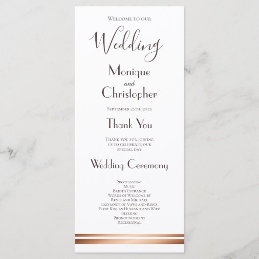 Modern White en Copper Wedding Programme Programmakaart (Voorkant)