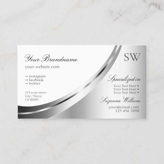 Modern White en Silver Decor met Monogram Noble Visitekaartje (Achterkant)