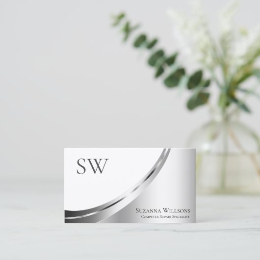 Modern White en Silver Decor met Monogram Noble Visitekaartje (Staand voorkant)