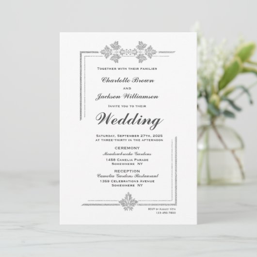 Modern White en Silver Glitter Wedding Kaart (Staand voorkant)