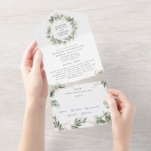 Modern White Eucalyptus Wreath Wedding All In One Uitnodiging (Afscheurbaar)