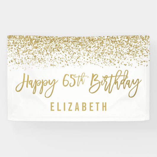 Modern White Faux Gold Glitter 65th Birthday Spandoek (Horizontaal)