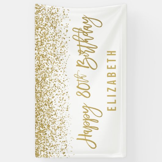 Modern White Faux Gold Glitter 80th Birthday Spandoek (Verticaal)