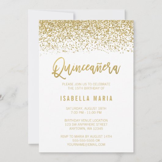 Modern White Faux Gold Glitter Quinceanera Kaart (Voorkant)