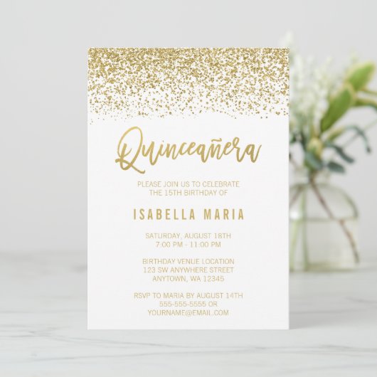 Modern White Faux Gold Glitter Quinceanera Kaart (Staand voorkant)