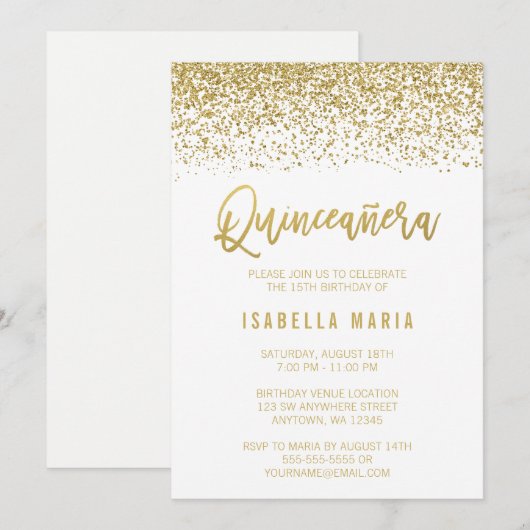 Modern White Faux Gold Glitter Quinceanera Kaart (Voorkant / Achterkant)