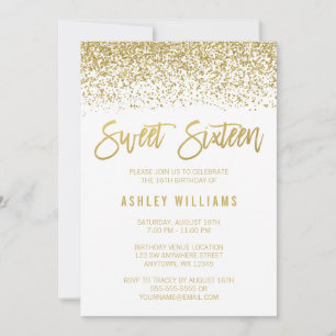 Modern White Faux Gold Glitter Sweet 16 Birthday Kaart