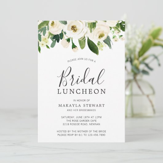 Modern White Floral Elegant Bridal Luncheon Kaart (Staand voorkant)