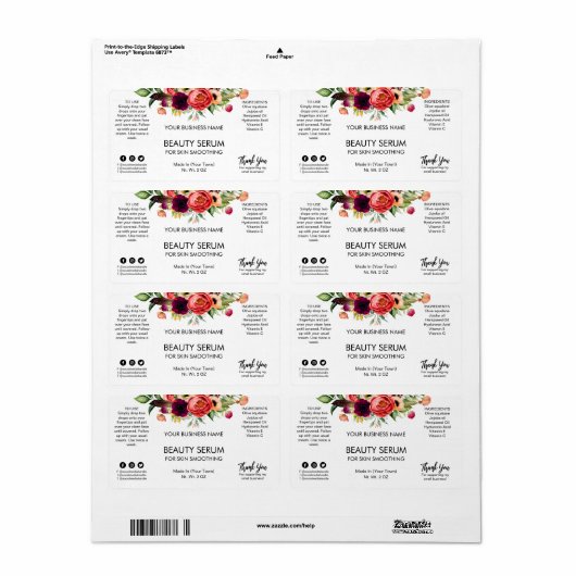 Modern White Floral Face Serum Labels (Full Sheet)