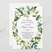 Modern White Floral Peonies Wreatbaptisme Kaart (Voorkant / Achterkant)