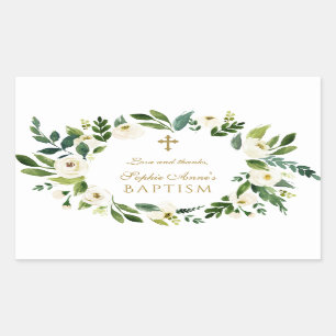 Modern White Floral Peonies Wreatbaptisme Rechthoekige Sticker