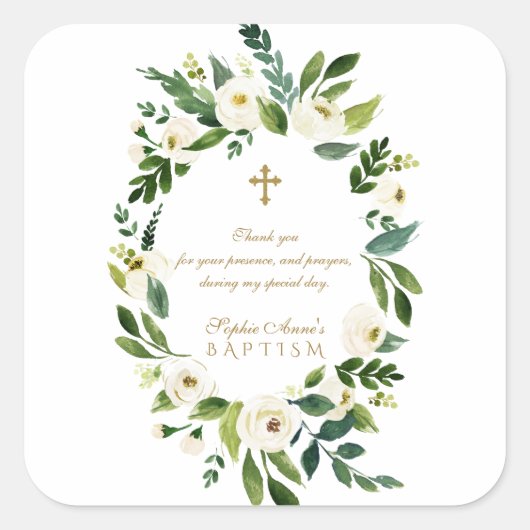 Modern White Floral Peonies Wreatbaptisme Vierkante Sticker (Voorkant)