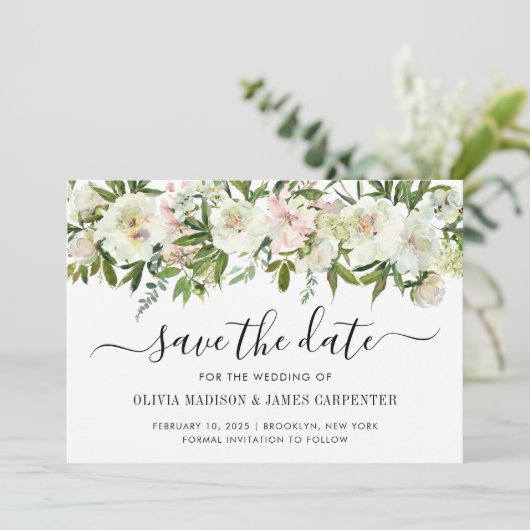 Modern White Floral Waterverf Spring Fall Wedding Save The Date (Staand voorkant)