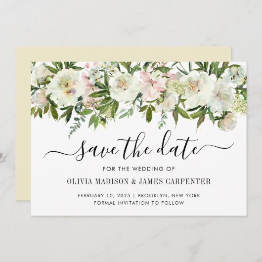 Modern White Floral Waterverf Spring Fall Wedding Save The Date (Voorkant / Achterkant)