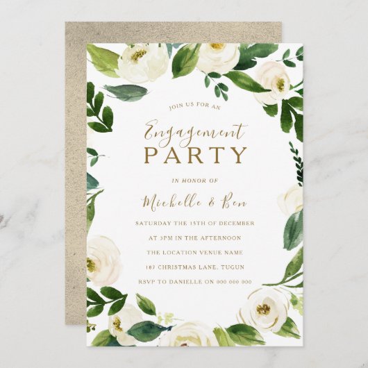 Modern White Floral Wreate Engagement Party Kaart (Voorkant / Achterkant)