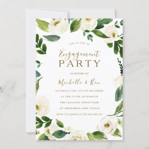 Modern White Floral Wreate Engagement Party Kaart