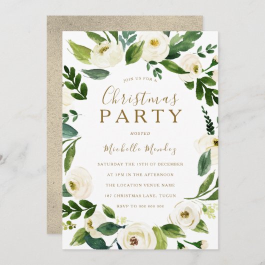 Modern White Floral Wreate Kerstparty Kaart (Voorkant / Achterkant)